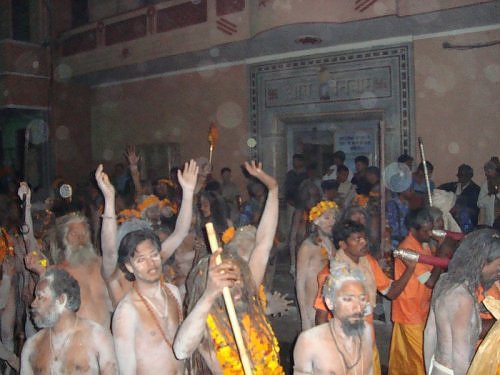 Naga sadhus saying Alakh Niranjan in the Niranjani Akhara peshwai, Haridwar