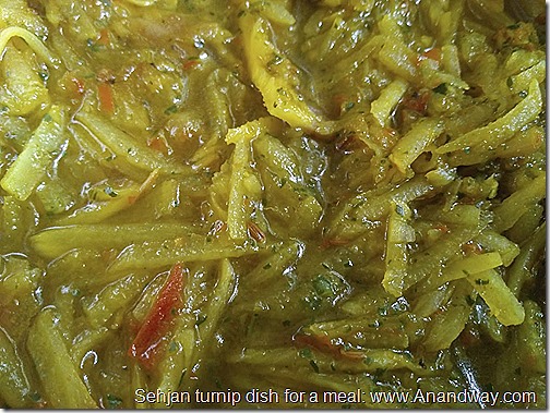 Sehjan leaves cooked with turnip, tomato, ginger, cumin, asafetida, turmeric and salt