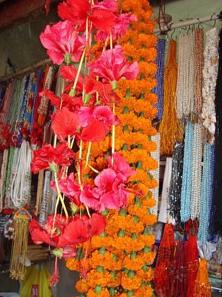 Hibiscus and marigold garlands at Kamakhya devi temple, Guwahati, Assam