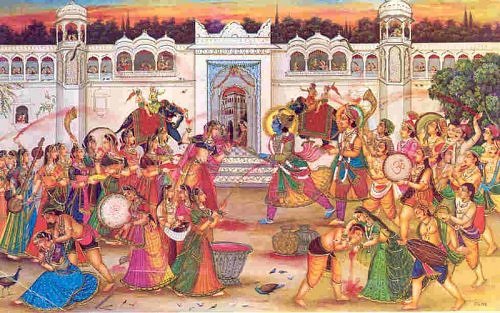 Indian Pahari painting, Krishna playing holi